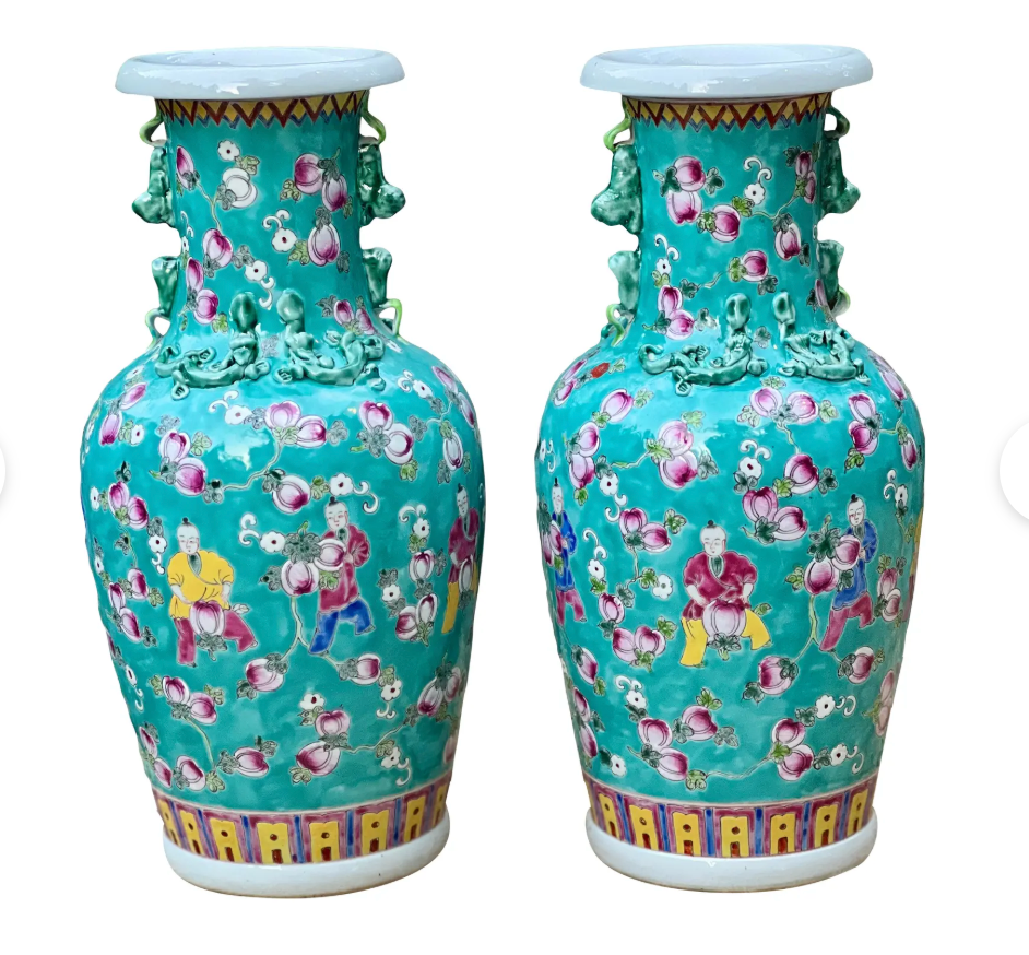 Pair of Hand-Painted Turquoise Porcelain Vases – Peaches Motif – Famille Rose Enamel – Jingdezhen
