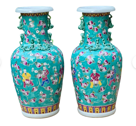 Pair of Hand-Painted Turquoise Porcelain Vases – Peaches Motif – Famille Rose Enamel – Jingdezhen