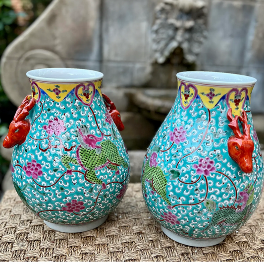Pair of Hand-Painted Qilin Vases – Turquoise Porcelain with Figural Deer Handles – Jingdezhen