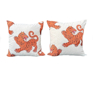 Pair of Embroidered Tiger Throw Pillows – 22" Square – Feather-Filled – Handmade in India