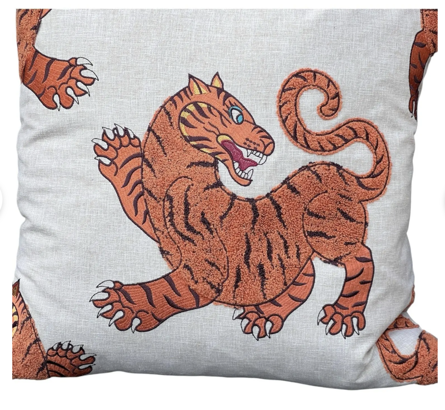 Pair of Embroidered Tiger Throw Pillows – 22" Square – Feather-Filled – Handmade in India