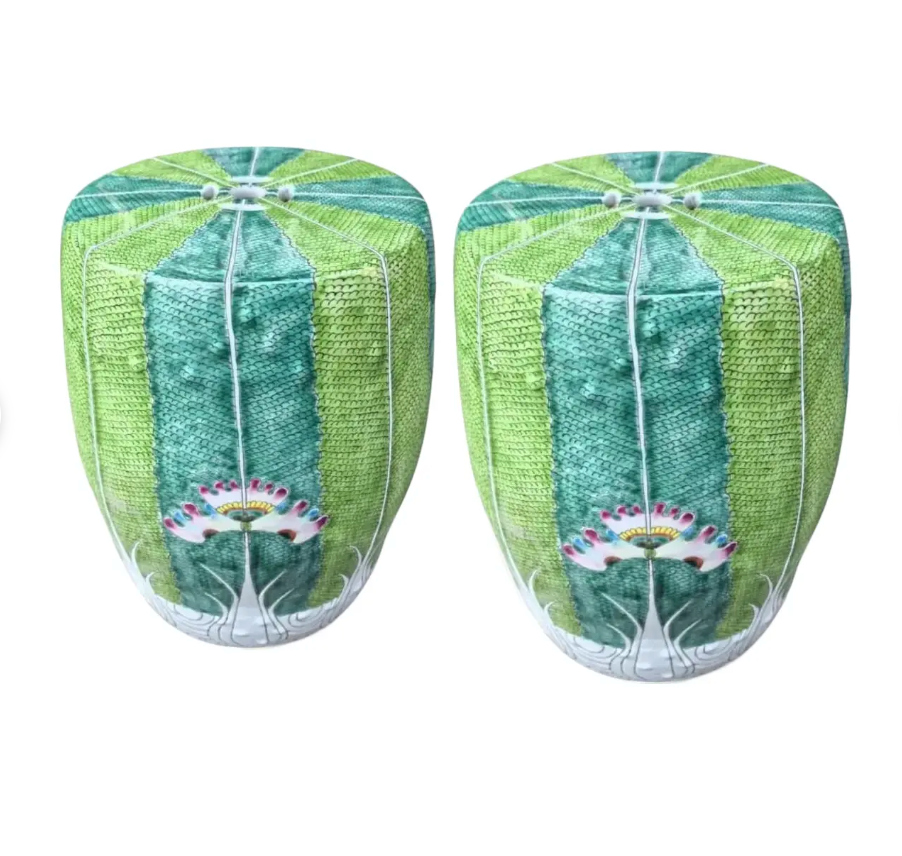 Pair of Contemporary Famille Verte Garden Stools – Bok Choy Motif – Hand-Painted Porcelain – Jingdezhen