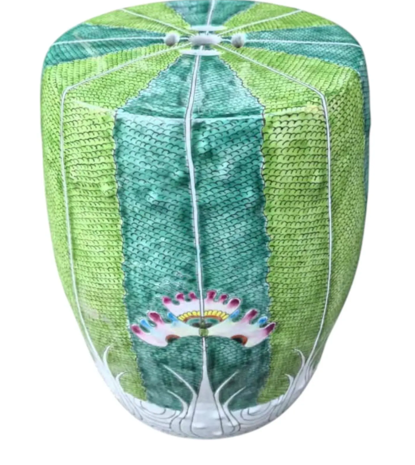 Pair of Contemporary Famille Verte Garden Stools – Bok Choy Motif – Hand-Painted Porcelain – Jingdezhen