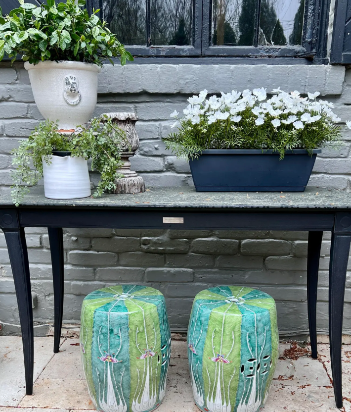 Pair of Hand-Painted Porcelain Garden Stools – Bok Choy Motif – Famille Verte Enamel – Jingdezhen