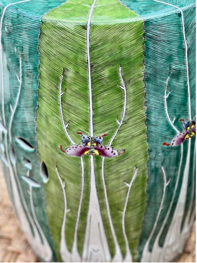 Pair of Hand-Painted Porcelain Garden Stools – Bok Choy Motif – Famille Verte Enamel – Jingdezhen