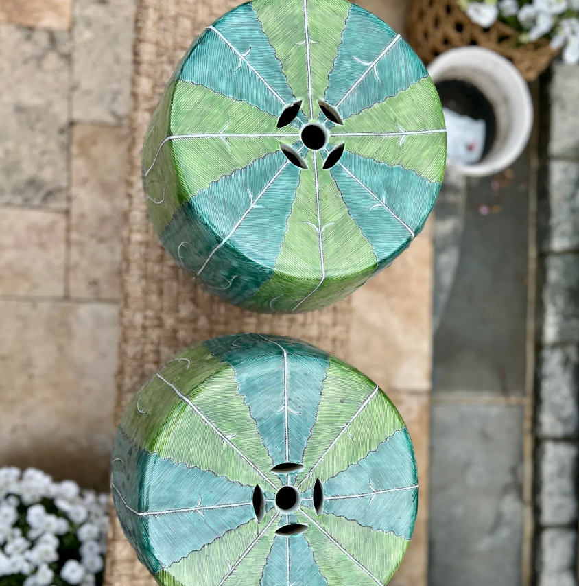Pair of Hand-Painted Porcelain Garden Stools – Bok Choy Motif – Famille Verte Enamel – Jingdezhen