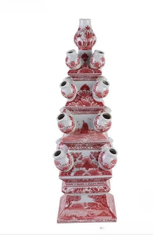 Small Red and White Porcelain Pagoda Vase – Handcrafted Tulipiere – Jingdezhen