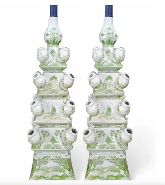 Pair of Hand-Painted Jingdezhen Porcelain Tulipiere Vase Lamps – Green and White