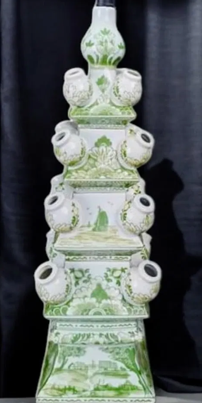 Pair of Hand-Painted Jingdezhen Porcelain Tulipiere Vase Lamps – Green and White