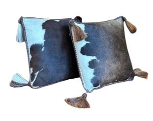 Pair of Cowhide and Leather Throw Pillows with Tassels