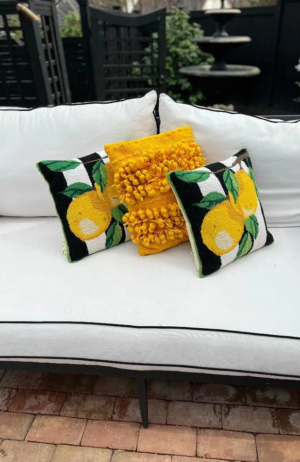 Set of 3 Yellow Accent Pillows – Lemon Hooked Wool and Pom Pom Styles