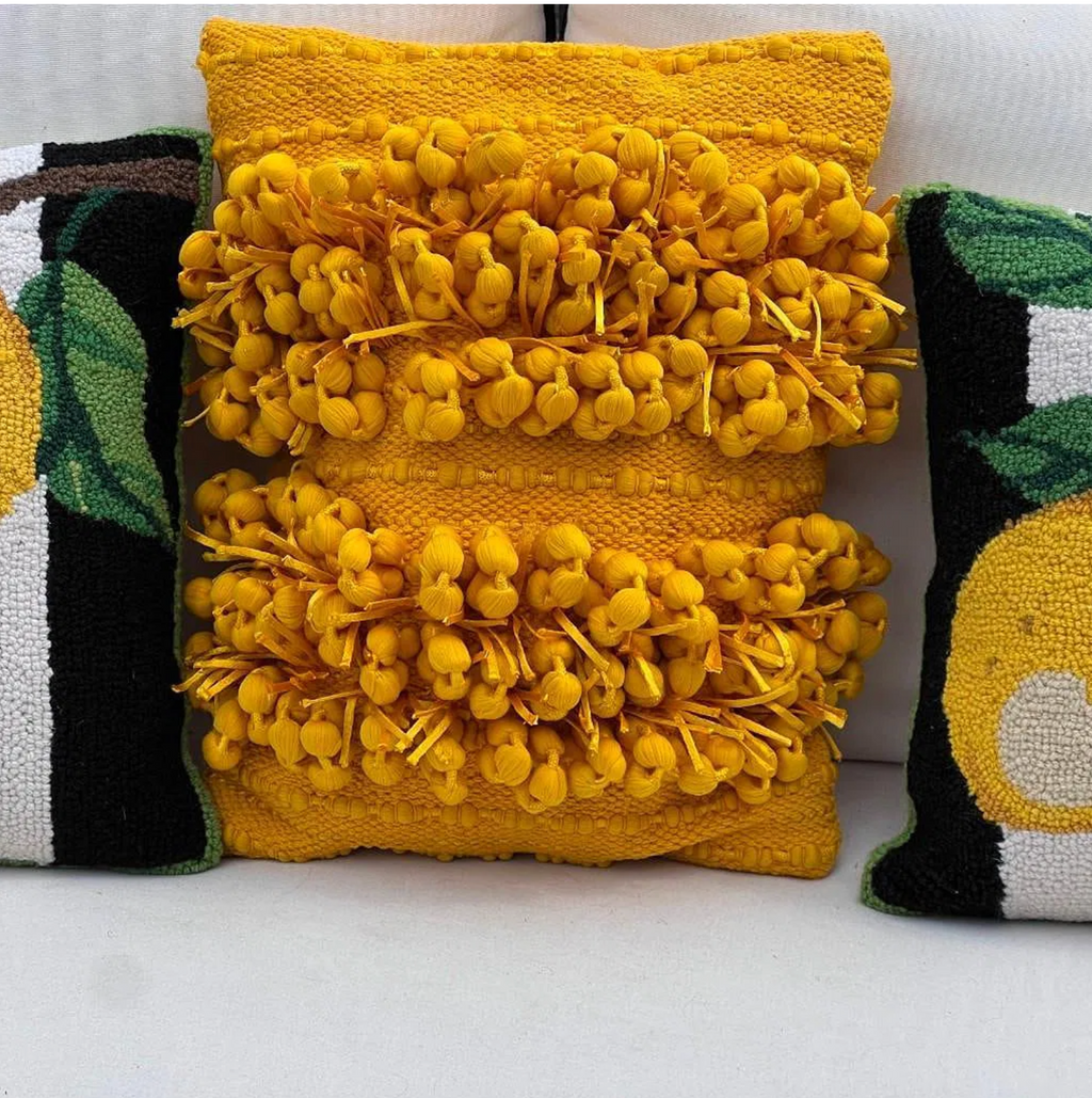 Set of 3 Yellow Accent Pillows – Lemon Hooked Wool and Pom Pom Styles