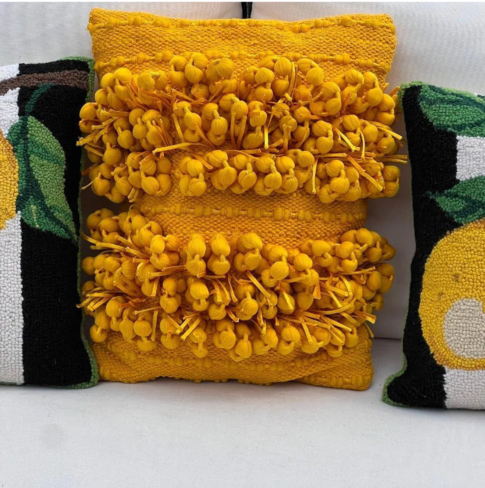 Set of 3 Yellow Accent Pillows – Lemon Hooked Wool and Pom Pom Styles