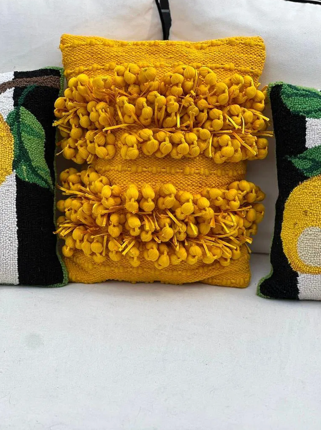 Set of 3 Yellow Accent Pillows – Lemon Hooked Wool and Pom Pom Styles