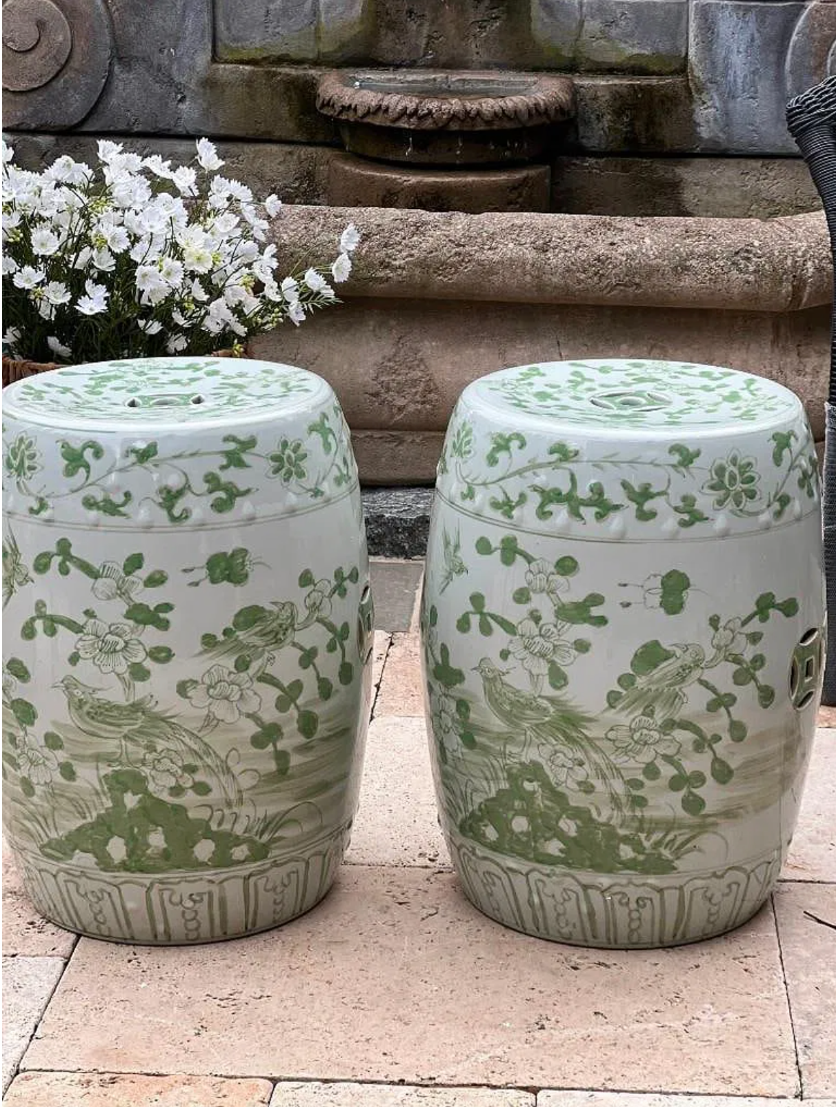 Pair of Green and White Jingdezhen Porcelain Garden Stools – Bird & Floral Motif