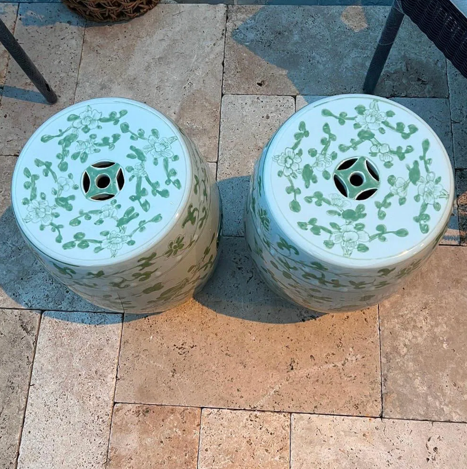 Pair of Green and White Jingdezhen Porcelain Garden Stools – Bird & Floral Motif