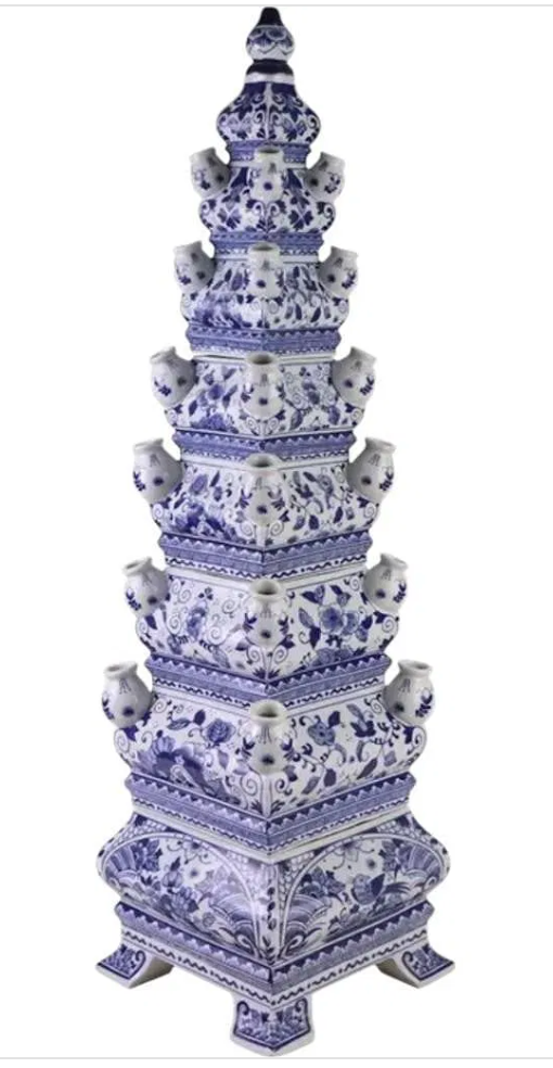 Large Blue and White Porcelain Pagoda Vase – Handcrafted Tulipiere – Jingdezhen