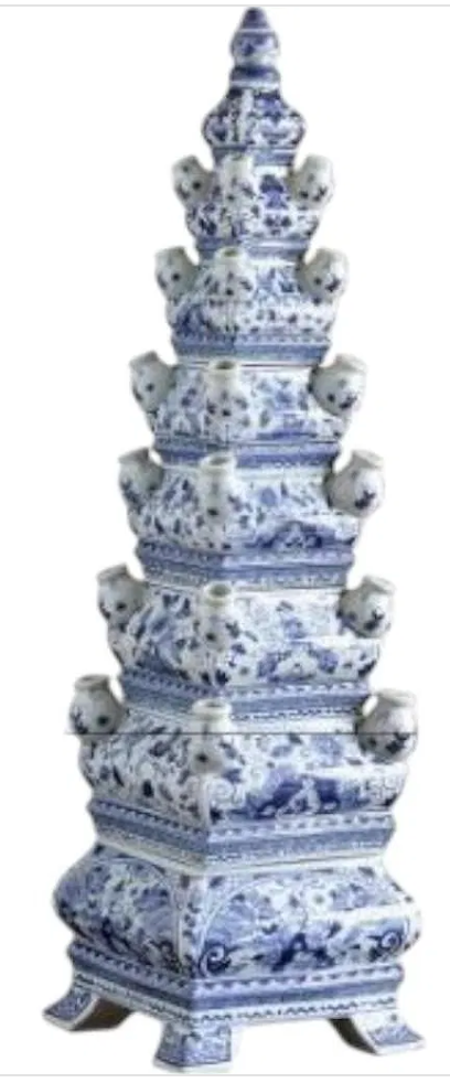Large Blue and White Porcelain Pagoda Vase – Handcrafted Tulipiere – Jingdezhen