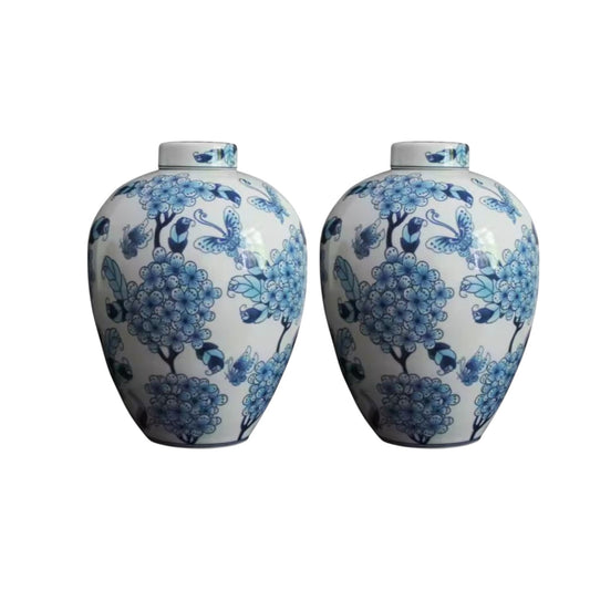 Pair of Chinese Style Blue and White Butterfly Motif Porcelain Vase, Decorative Jars