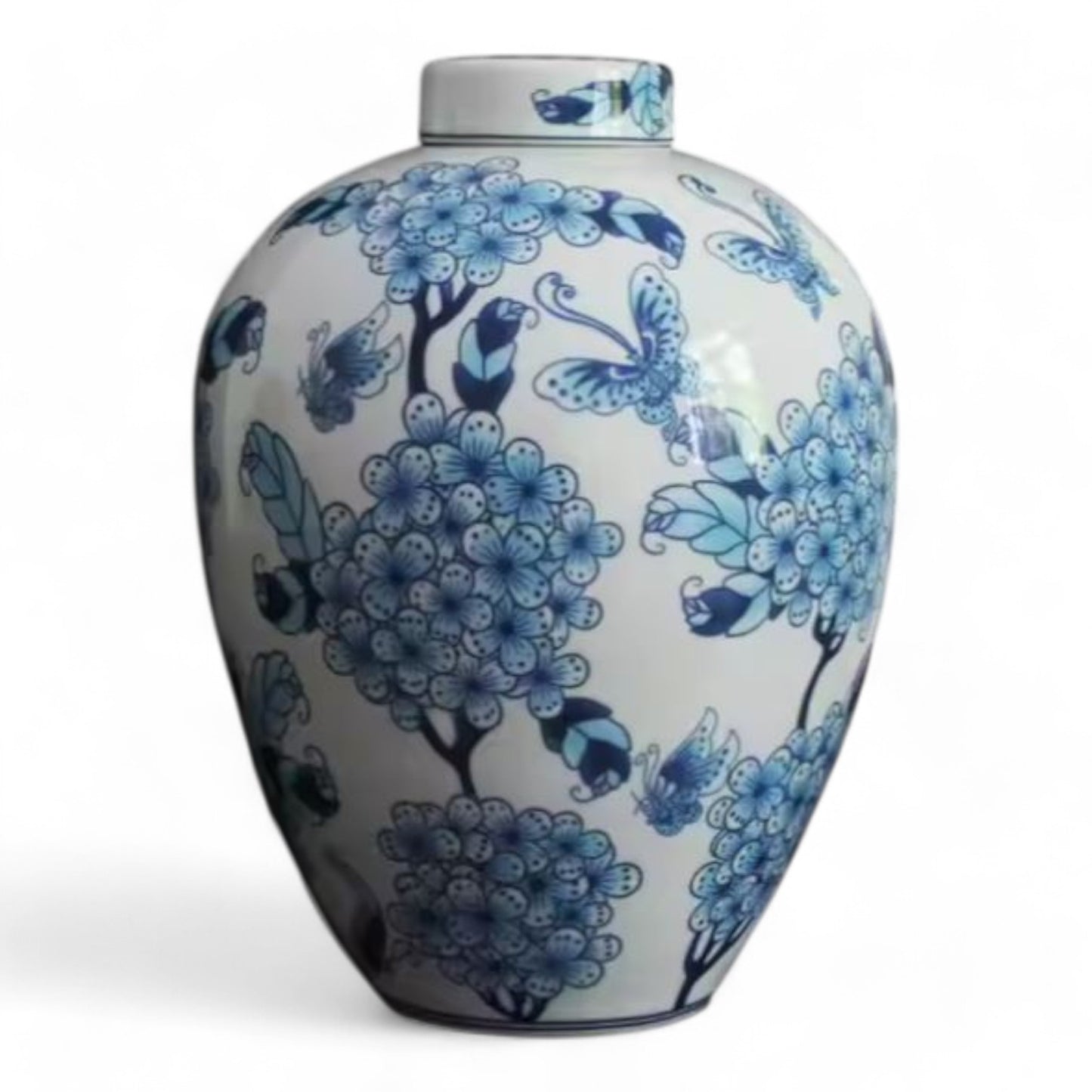 Pair of Chinese Style Blue and White Butterfly Motif Porcelain Vase, Decorative Jars