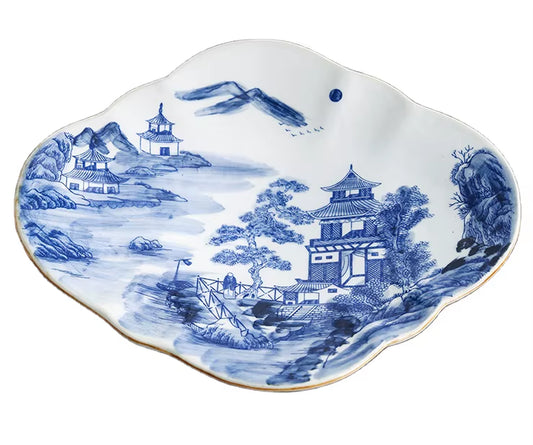 Jingdezhen Hand Painted Blue and White Vintage Landscape High Foot Ceramic Fruit Tray