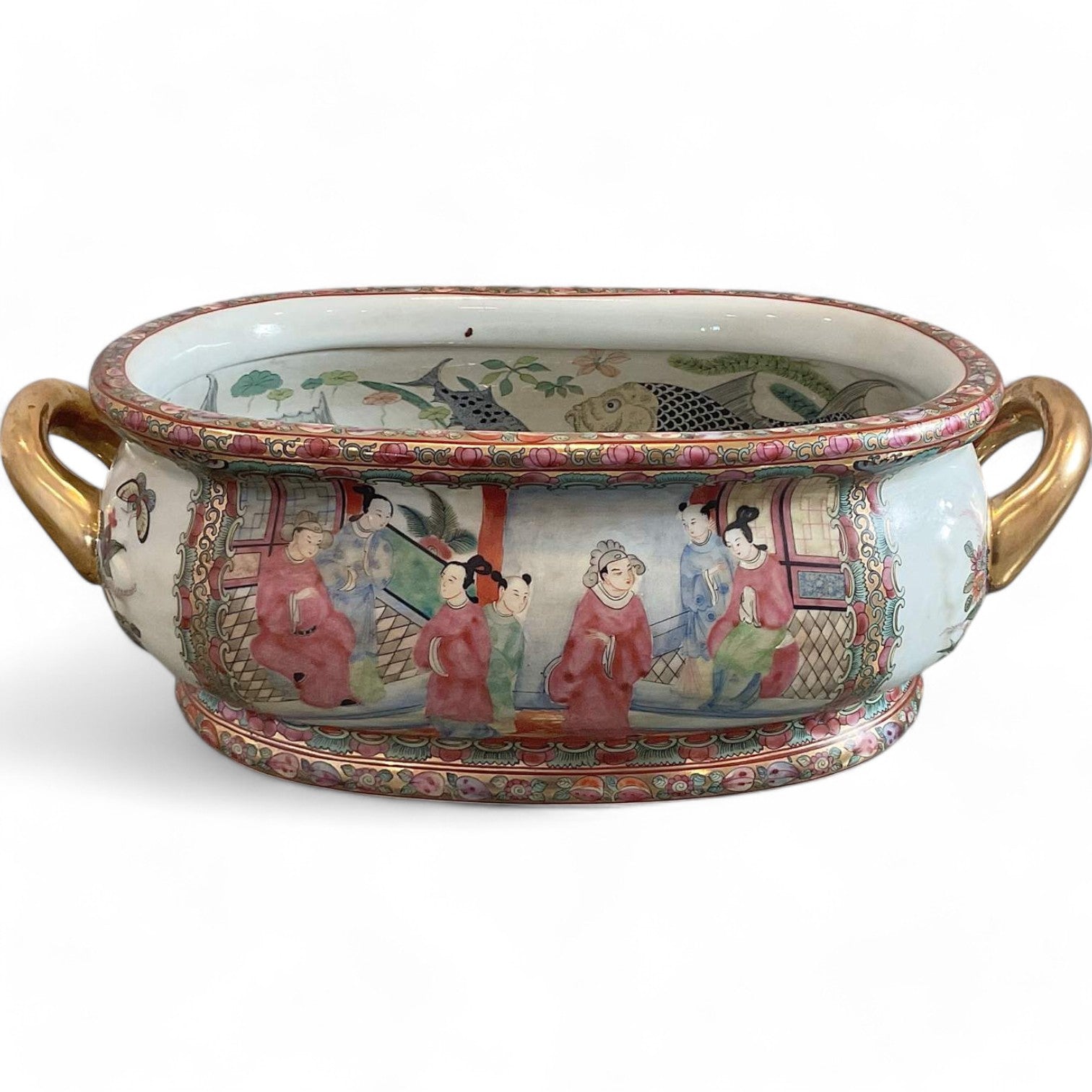 Antique Chinese Rose Medallion Porcelain Basin with Gilded