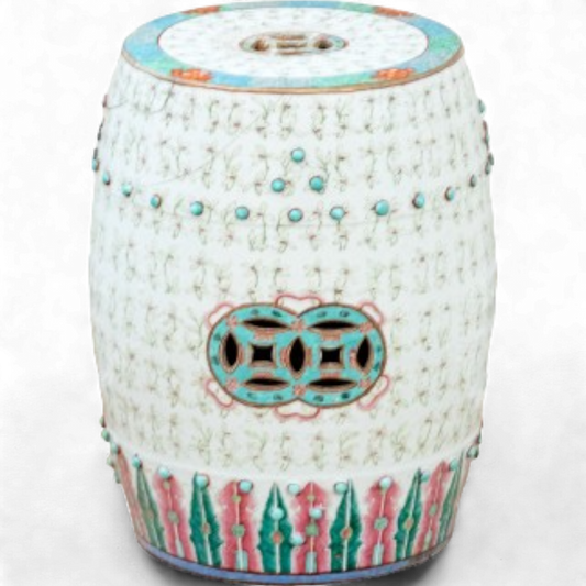 Classic Chinese Porcelain Garden Stool with Reticulated Coin Pattern and Rivets