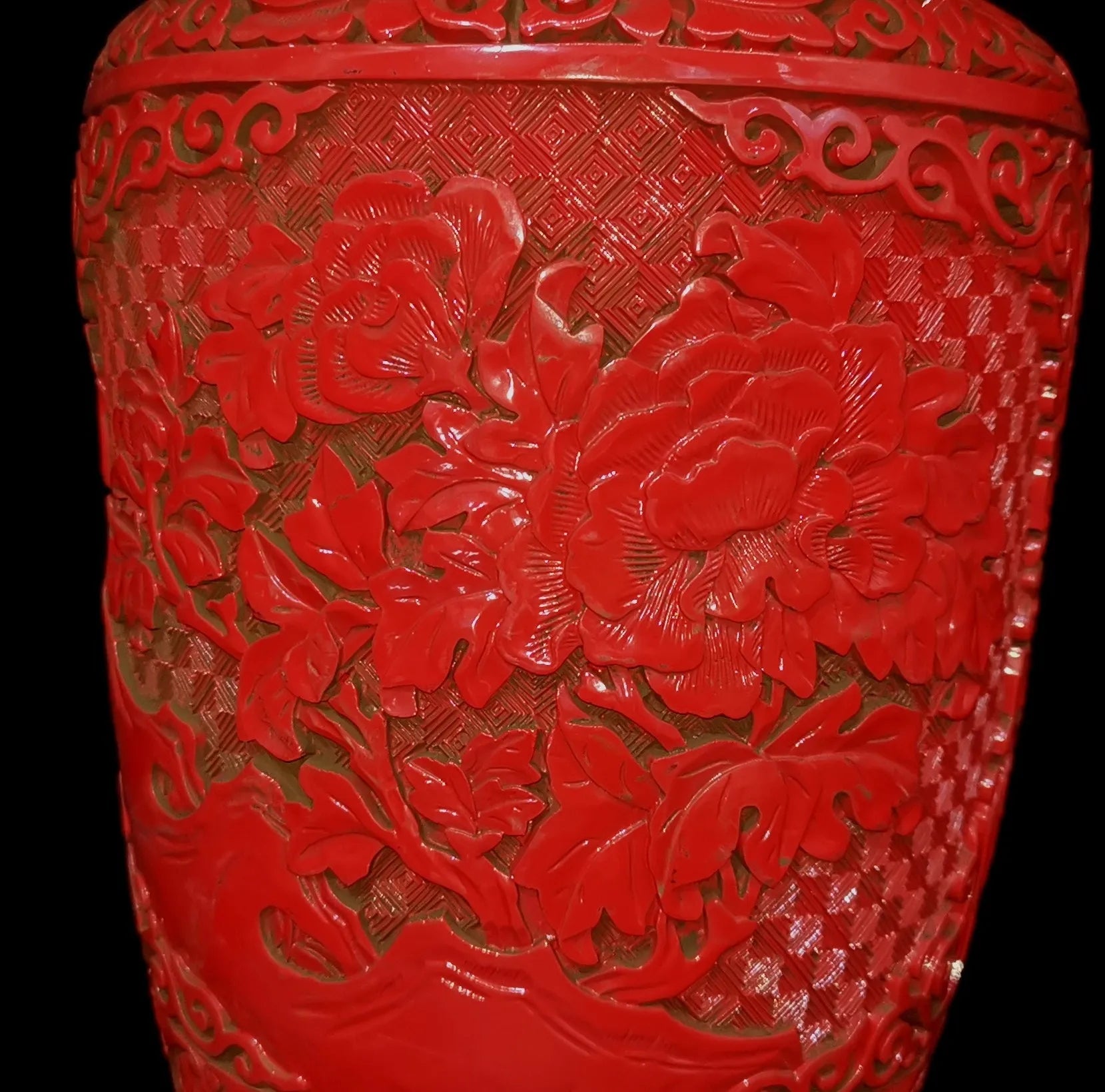 14.5" Pair Vintage China'S Qing Dynasty Red Lacquerware Porcelain Vases, W/ Flower Window Lattice Carved Pattern Design