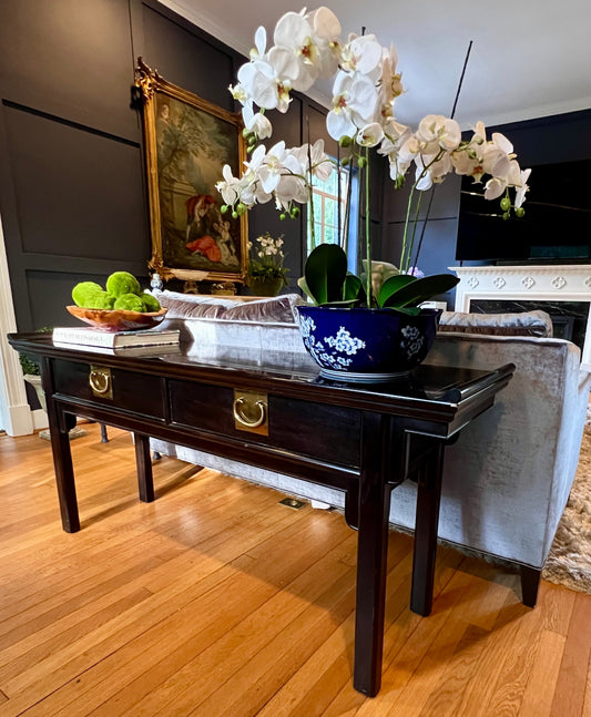 Century Chin Hua Console Table – Ebonized Wood with Brass