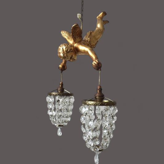 Vintage Gilt Cherub Double Crystal Chandelier