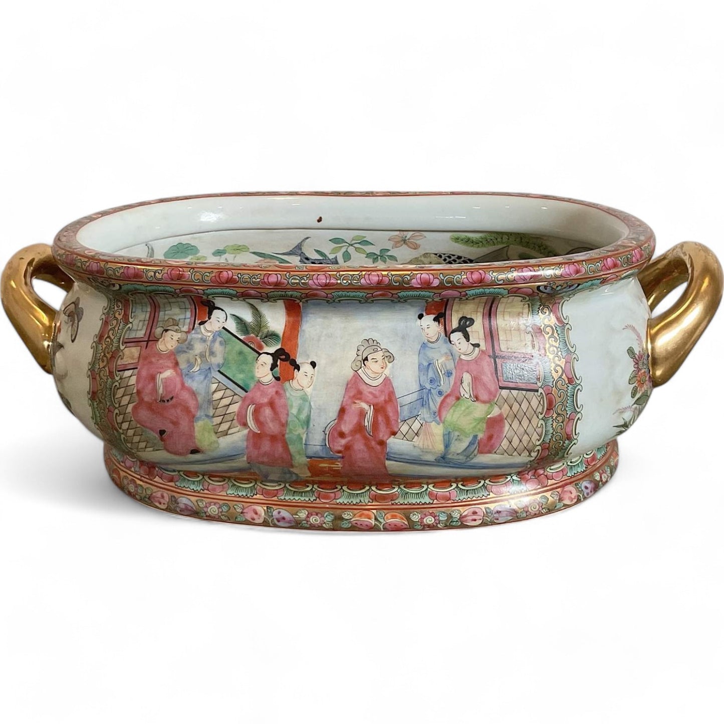 Antique Chinese Rose Medallion Porcelain Basin with Gilded Handles – Hand-Painted Qing Dynasty Motif