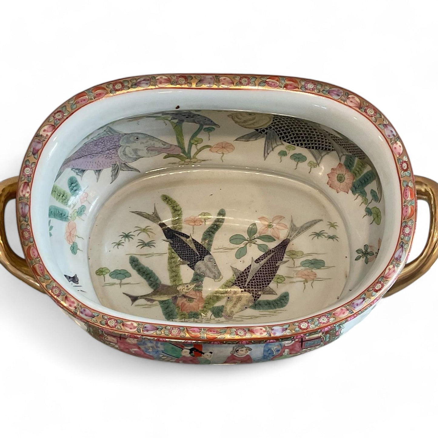 Antique Chinese Rose Medallion Porcelain Basin with Gilded Handles – Hand-Painted Qing Dynasty Motif