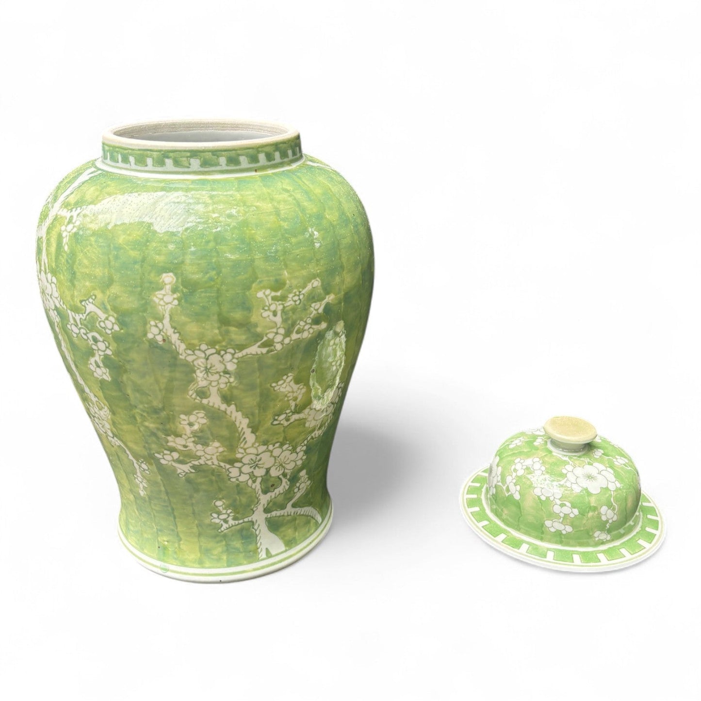 Green and White Chrysanthemum Porcelain Jar – Hand-Painted