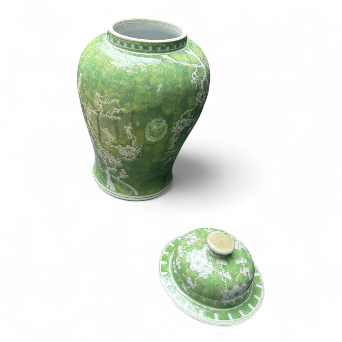 Green and White Chrysanthemum Porcelain Jar – Hand-Painted