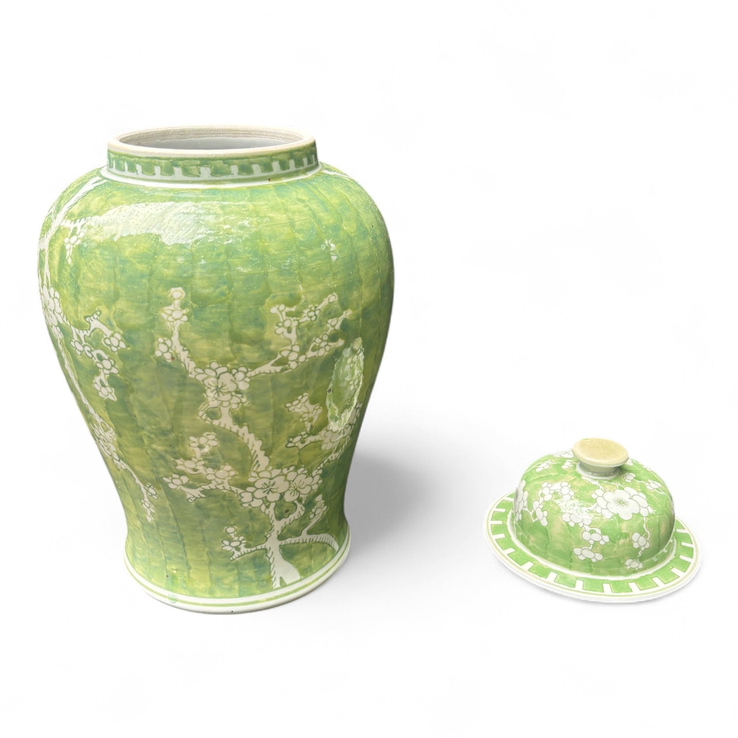 Green and White Chrysanthemum Porcelain Jar – Hand-Painted
