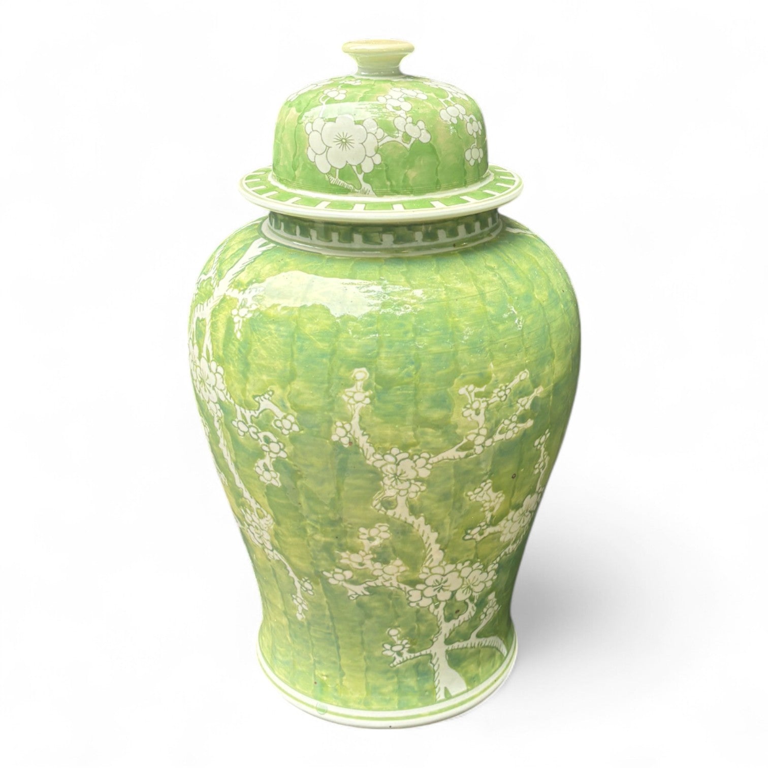 Green and White Chrysanthemum Porcelain Jar – Hand-Painted