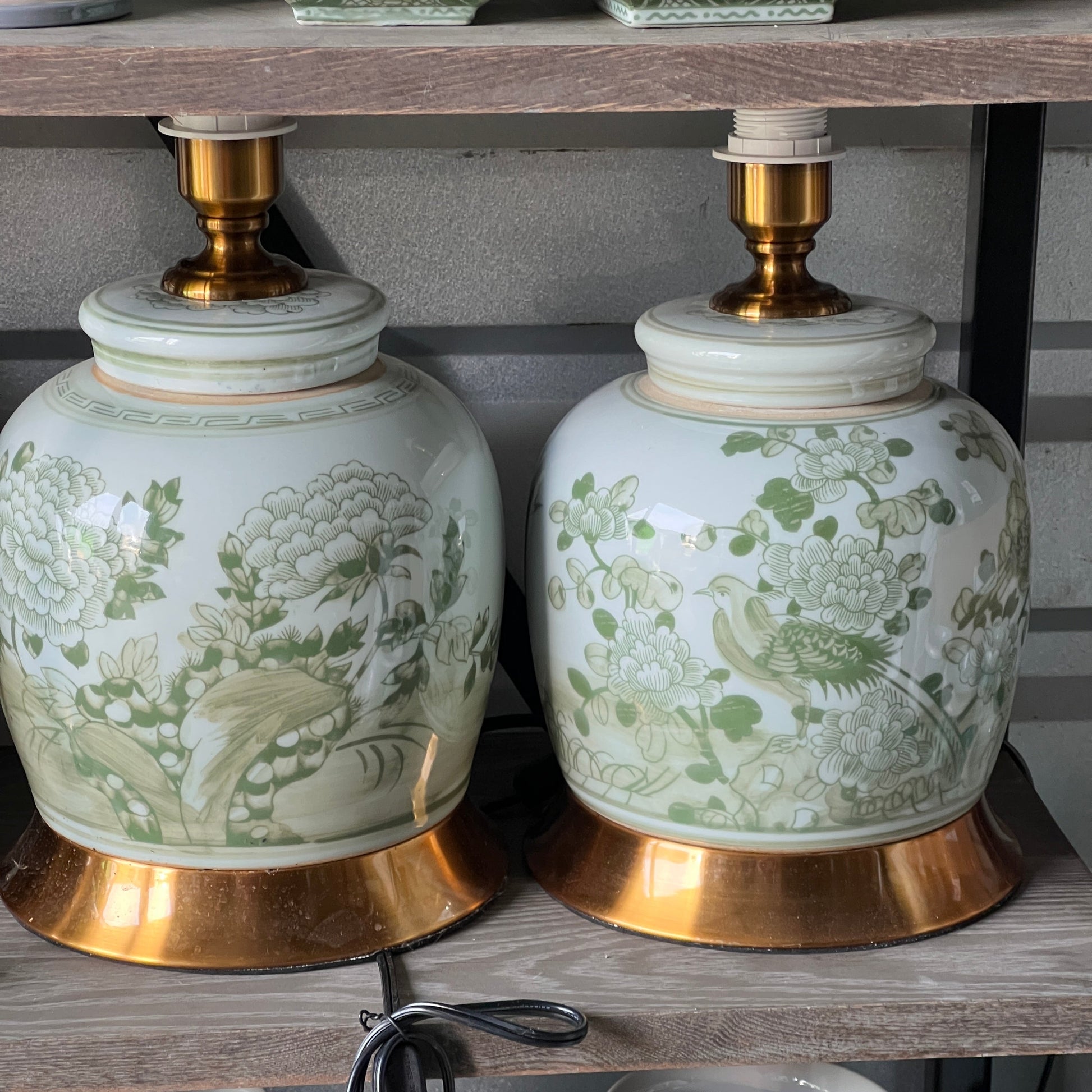 Green and White Peony Floral Lamps a Pair