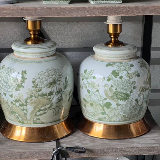 Green and White Peony Floral Lamps a Pair