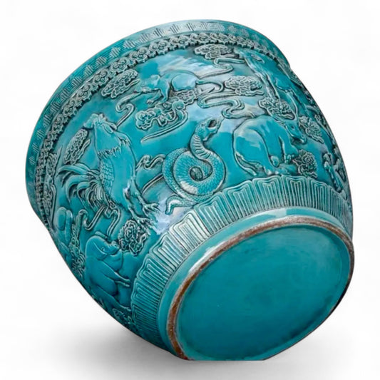Hand-Carved Turquoise Zodiac Planter – 21ʺ Jardinière – Jingdezhen Porcelain