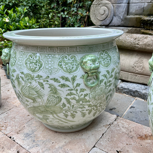 Large Green and White Hand painted Planter With Foo Dog