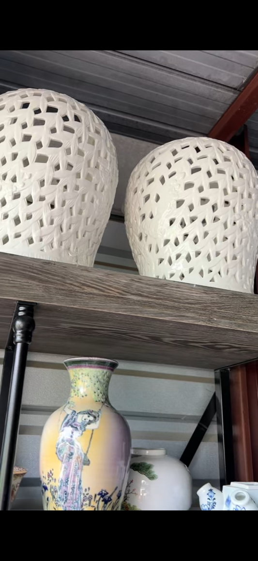 Large White Reticulated Cherry Blossom Jar