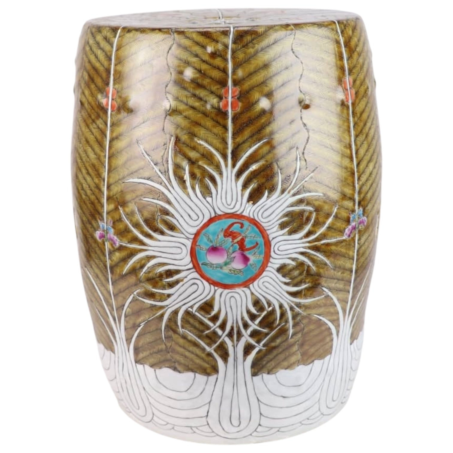 Pair of Brown Hand-Painted Bok Choy Porcelain Garden Stools