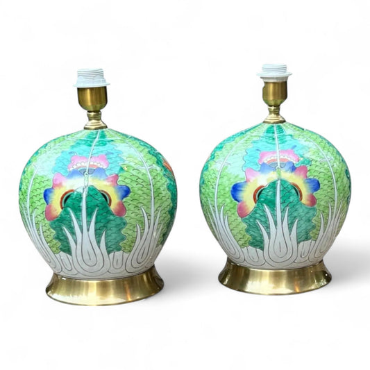 Pair of Hand Painted Famille Verte Globe Lamps – Bok Choy