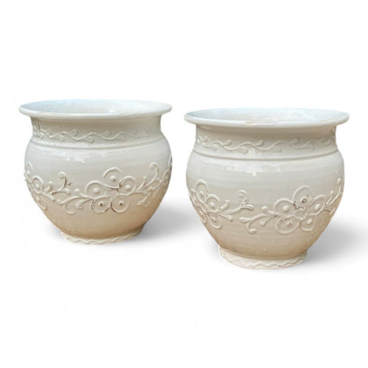 Pair of Italian Cream-Glazed Ceramic Cachepots – Embossed