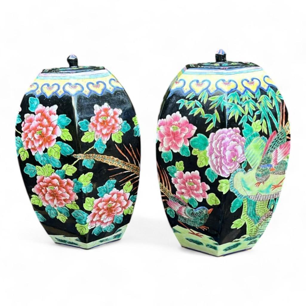 A Pair of Chinese Black Hexagon Famille Noire Lidded Jars Vases Urn with Signature