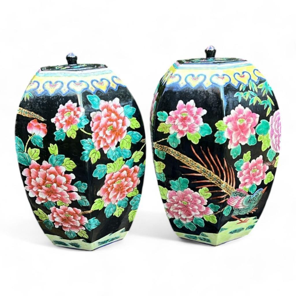 A Pair of Chinese Black Hexagon Famille Noire Lidded Jars Vases Urn with Signature