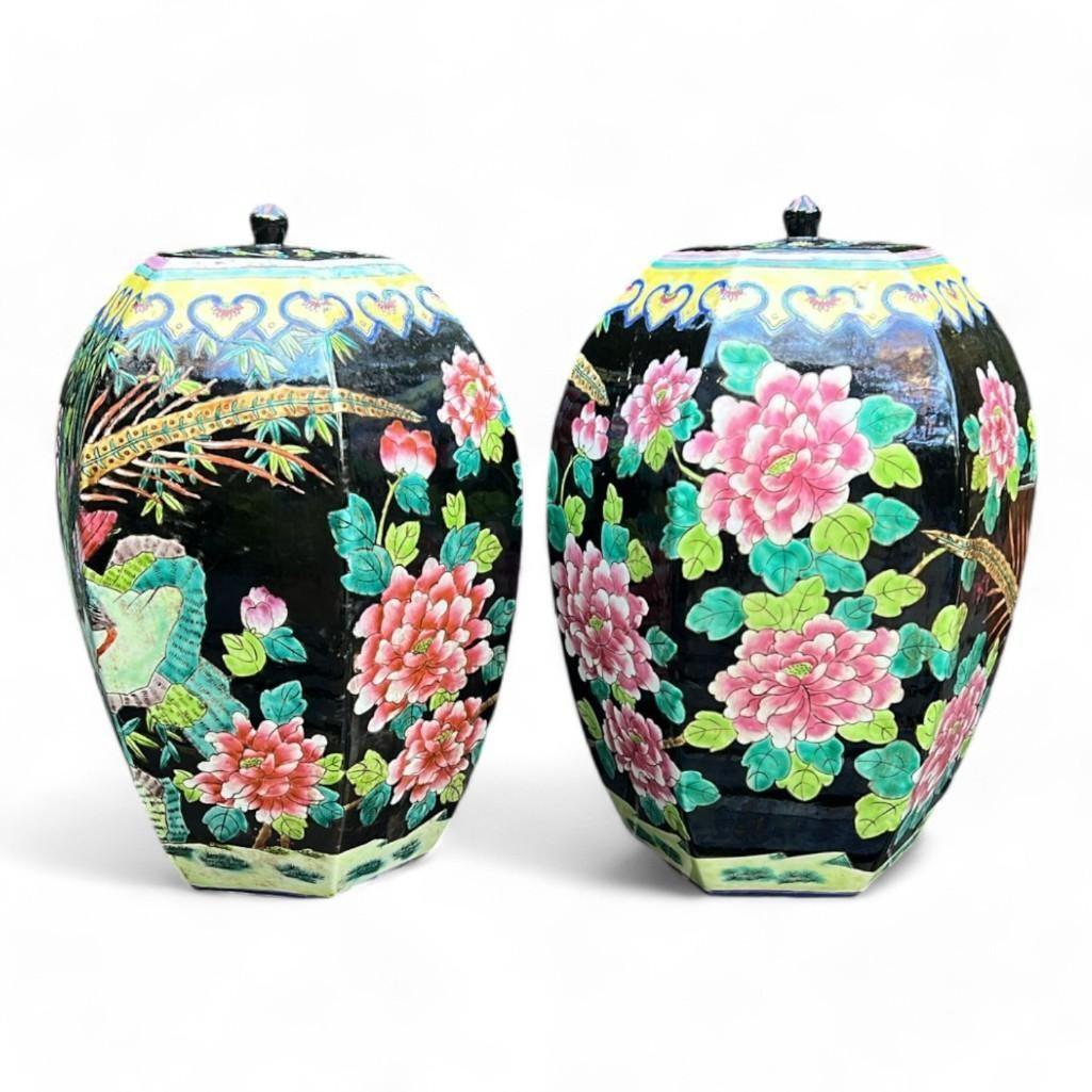 A Pair of Chinese Black Hexagon Famille Noire Lidded Jars Vases Urn with Signature