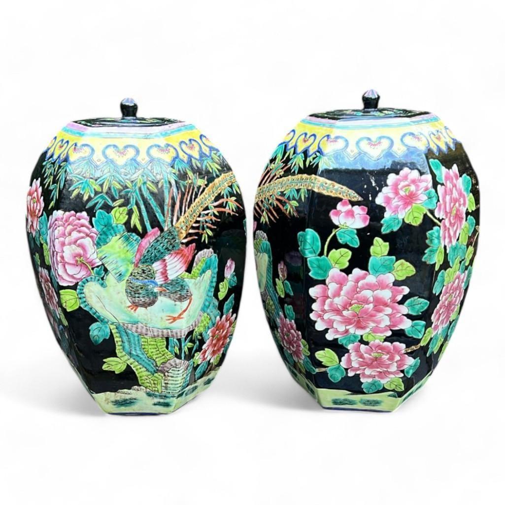 A Pair of Chinese Black Hexagon Famille Noire Lidded Jars Vases Urn with Signature