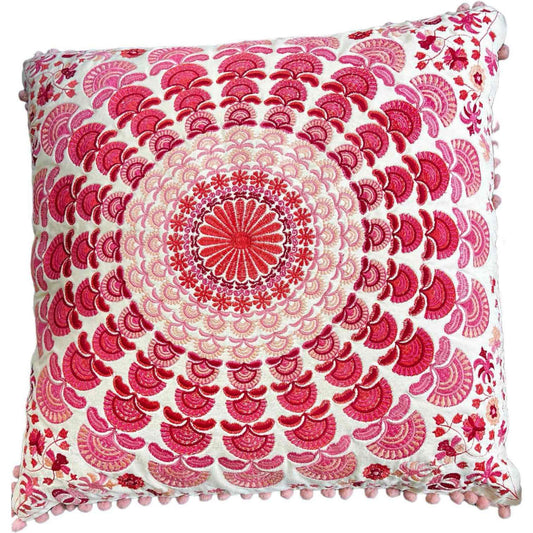 Pair of Boho Mandala Accent Pillows Cream Velvet with Pink Mandala Pattern Embroidery