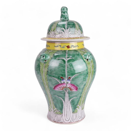 Hand Painted Chinese Cabbage Ceramic Ginger Jar, Lidded Foo Dog Handle, Decorative Jar